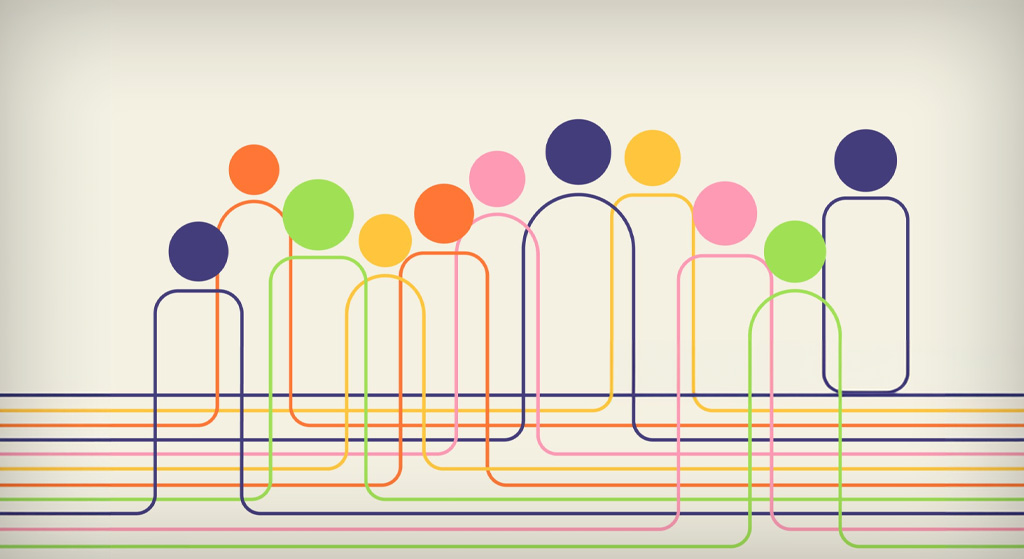 Interwoven colorful line figures moving together along a shared path